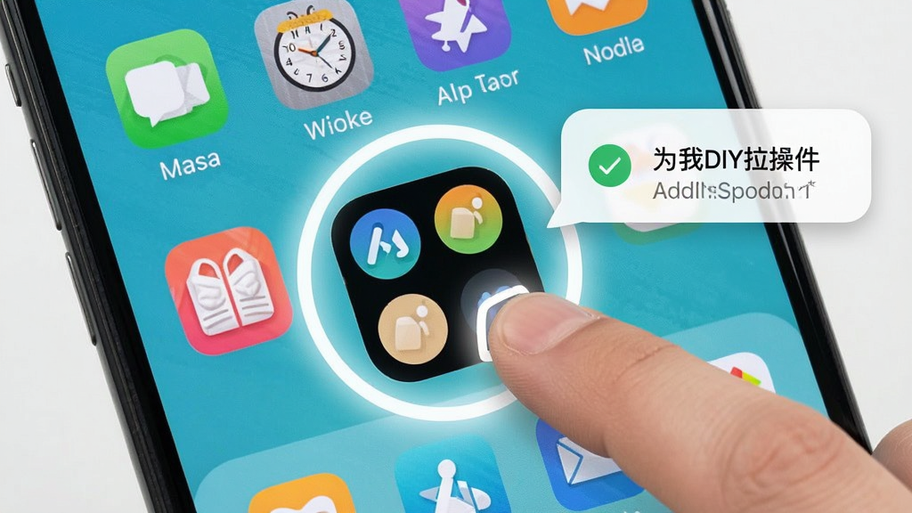 一张展示我推小组件DIY组件添加到桌面的操作示意图,画面主体为手机桌面场景,桌面上已放置一个制作完成的小组件卡片,旁边有一个添加成功的提示气泡,布局为手机桌面占据画面主体、手指点击组件的位置有高亮光圈,风格为明亮清新的手机桌面截图风,细节上体现桌面图标与小组件卡片的搭配,画质清晰,画面干净无多余元素