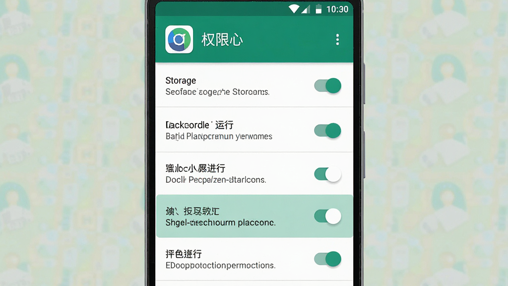 一张展示安卓手机安装应用权限设置界面的示意图,画面主体为手机屏幕中的权限管理页面,页面上列出存储、后台运行等权限开关,其中一个开关处于开启状态并有高亮标注,布局为权限列表纵向排列、顶部为应用图标和名称,风格为简洁的系统设置界面风,细节上体现开关按钮和权限说明文字,画质清晰,画面干净无多余元素