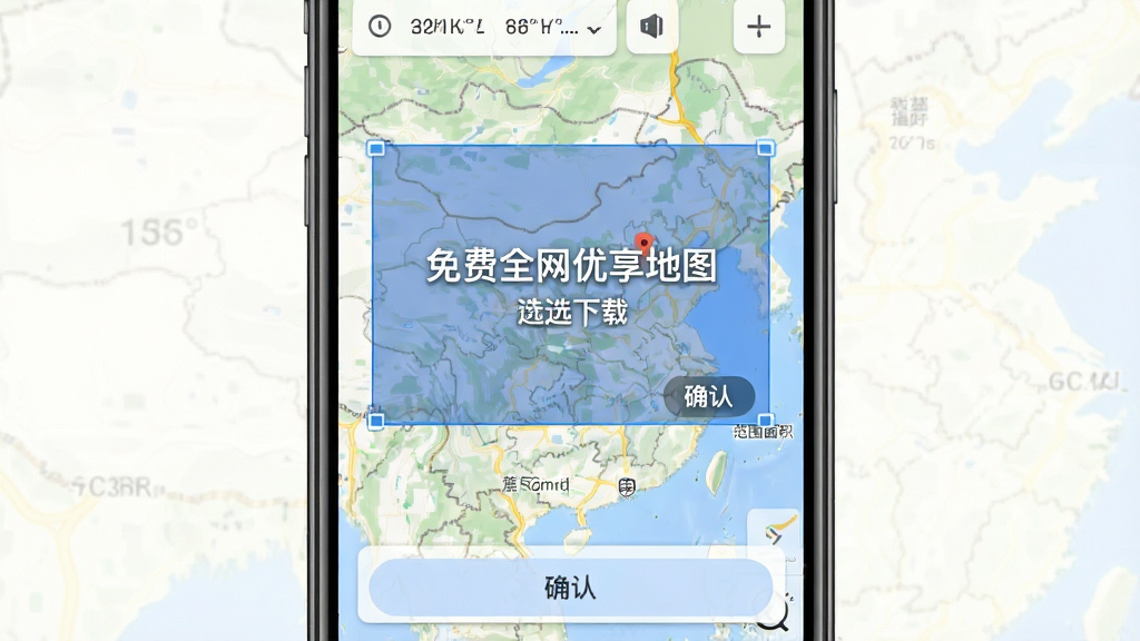 画面主体为手机屏幕特写展示“免费全网优享地图”的框选下载界面,布局上手机竖屏居中,屏幕内呈现半透明蓝色矩形选框覆盖在地图之上,排版突出选框与确认按钮,风格为简洁工具类写实渲染,细节包括经纬度数值显示、范围面积提示和底部确认栏,画质清晰,画面干净,无多余元素