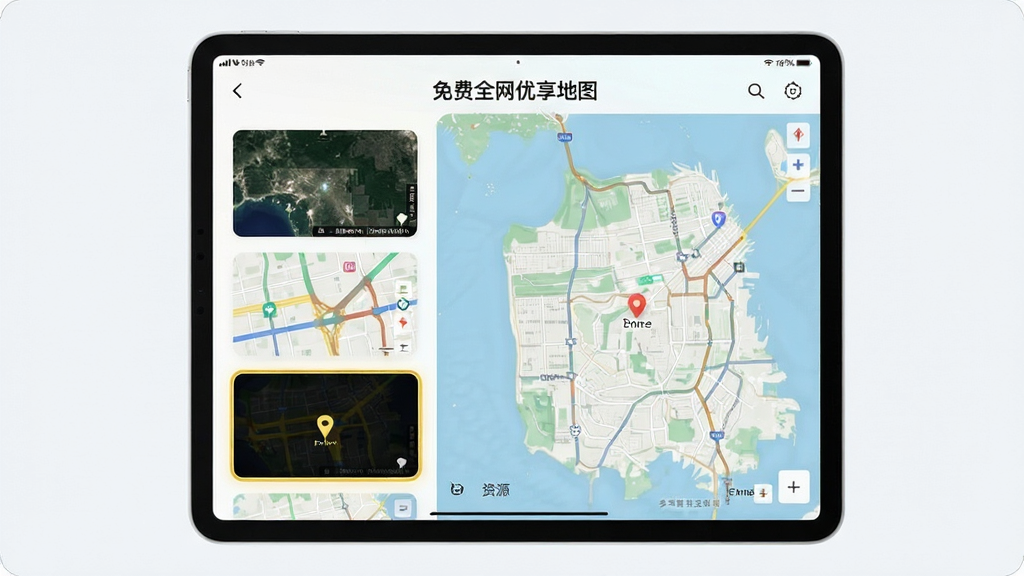 画面主体为一台平板电脑横屏展示“免费全网优享地图”的多图源选择面板,布局上平板居中,左侧为图源卡片列表,右侧为地图预览区,排版左右分栏,风格为清新浅色科技感,细节包括卫星图缩略图、路网图缩略图和高亮选中的边框,画质清晰,干净简洁,无多余装饰