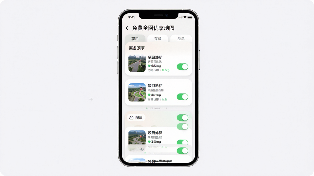 画面主体为一部手机展示“免费全网优享地图”的离线项目列表页,布局上手机正面居中,屏幕内呈现分组卡片和图层开关按钮,排版为卡片式纵向排列,风格为柔和圆角浅色系,细节包括项目名称、缩略图、存储占用数值和绿色开关状态,画质高清,干净整洁,无多余元素