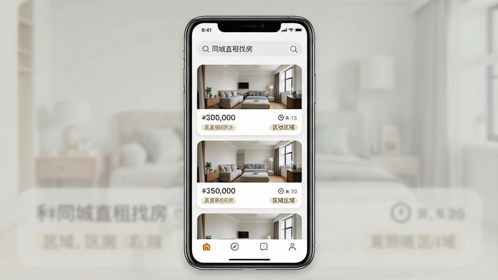 一张手机应用界面展示图,画面中央是一部竖屏智能手机,屏幕内显示同城直租找房软件的主页,顶部搜索栏写着“同城直租找房”,下方是房源卡片列表,每张卡片包含房间实拍小图、租金数字和区域标签,整体布局为上下结构,风格为清爽现代的移动端UI设计,细节包括圆角卡片、浅色背景、清晰的图标按钮,画质清晰,画面干净,无多余元素