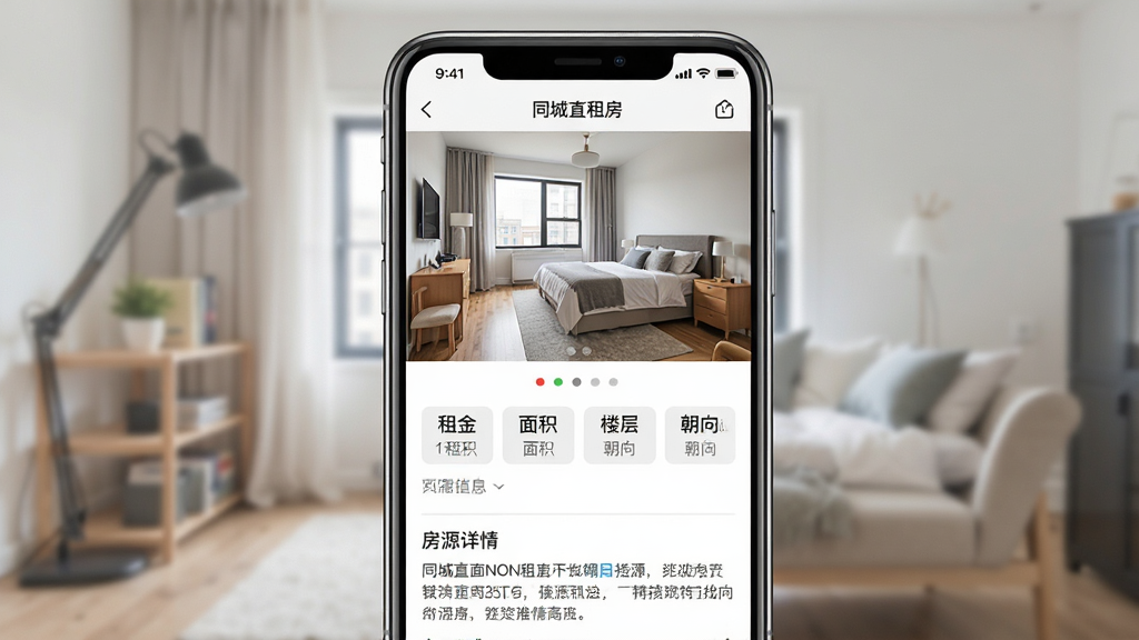 一张房源详情页展示图,画面主体是手机屏幕,屏幕内显示同城直租找房软件的房源详情页面,上部为房间实拍大图,下部为租金、面积、楼层、朝向等信息标签和文字描述,布局为上下滚动结构,风格为现代移动端信息展示设计,细节包括图片轮播圆点和信息分组线,画质清晰,画面干净,无多余元素