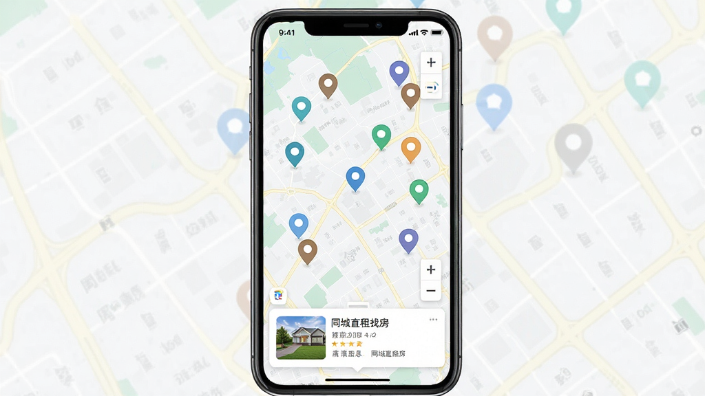 一张地图找房界面示意图,画面主体是手机屏幕,屏幕内显示同城直租找房软件的地图模式,地图上分布着多个房源标记点,底部弹出房源简要信息卡片,布局为全屏地图加底部卡片,风格为清爽的移动端地图UI,细节包括标记点图标和缩放按钮,画质清晰,画面干净,无多余元素