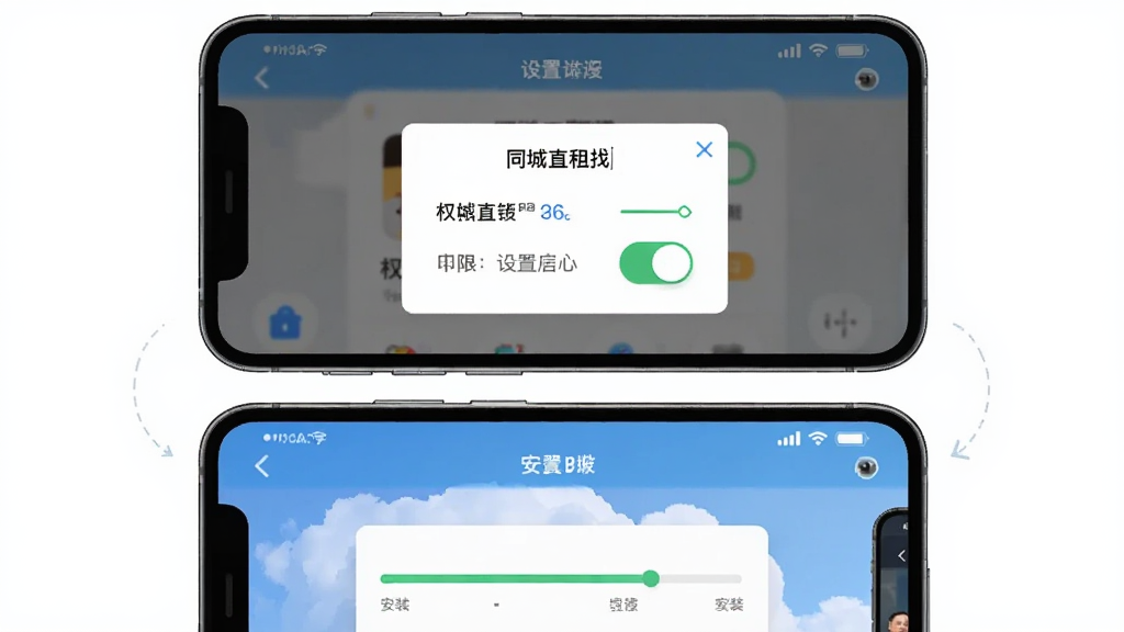 一张手机应用安装与设置流程示意图,画面主体是手机屏幕,屏幕内显示同城直租找房软件的权限设置弹窗和安装进度界面,布局为上下排列的两个手机界面,风格为简洁的移动端操作指引图,细节包括权限开关按钮和进度条,画质清晰,画面干净,无多余元素
