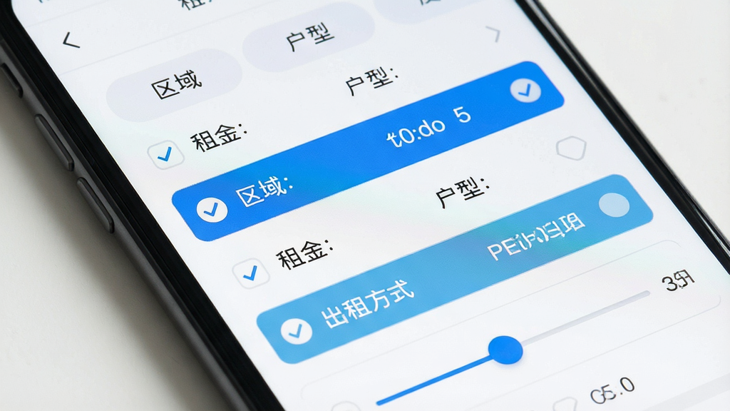 一张手机屏幕特写图,展示同城直租找房软件的筛选面板,画面主体是手机界面,面板上排列着区域、租金、户型、出租方式等筛选选项,部分选项处于选中高亮状态,布局为纵向列表加横向标签,风格为简洁扁平化移动端设计,细节包括清晰的勾选图标和数字滑块,画质清晰,画面干净,无多余元素