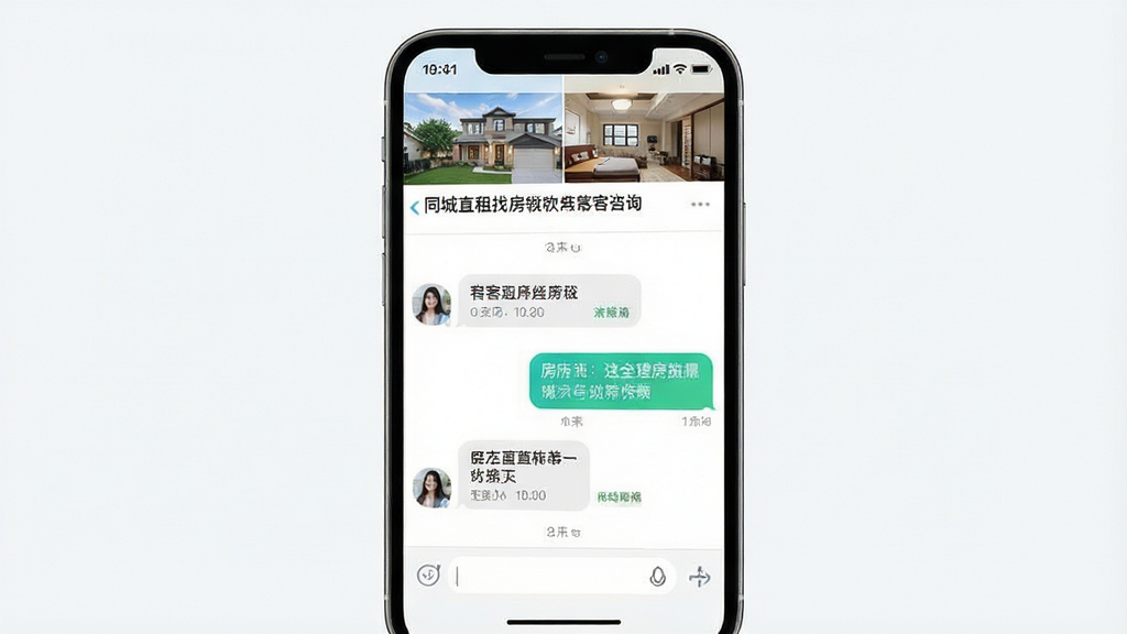 一张手机聊天界面示意图,画面主体是手机屏幕,屏幕内显示同城直租找房软件的消息对话页面,左侧是租客发出的咨询气泡,右侧是房东回复的气泡,顶部显示房源缩略图和标题,布局为上下结构,风格为清爽的移动端聊天UI,细节包括圆角气泡、时间戳和输入框,画质清晰,画面干净,无多余元素