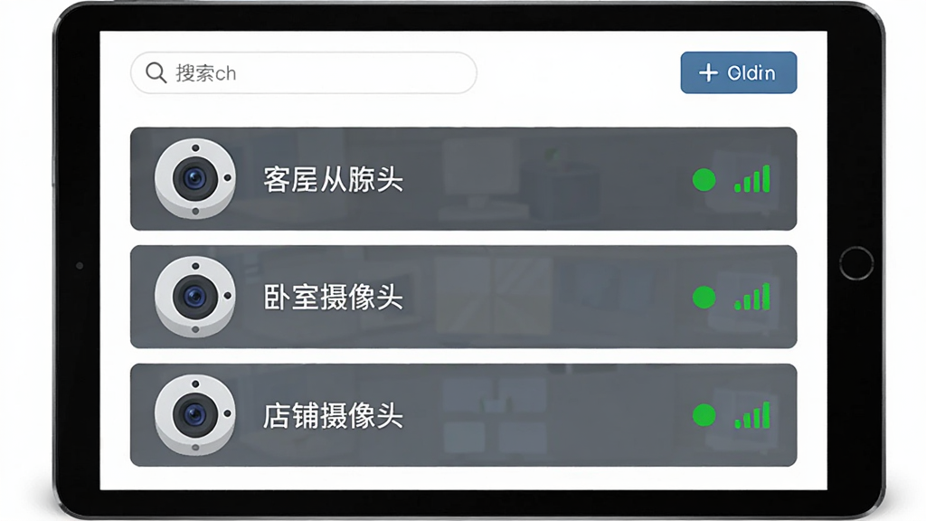 一部平板电脑显示设备管理列表界面,列表中排列着客厅摄像头、卧室摄像头、店铺摄像头三行设备条目,每条右侧有绿色在线圆点和信号强度图标,布局为平板居中、背景为纯白,排版整齐规范,风格为简约商务扁平插画,细节包括列表顶部的搜索框和添加设备按钮,画质高清、干净、无多余元素