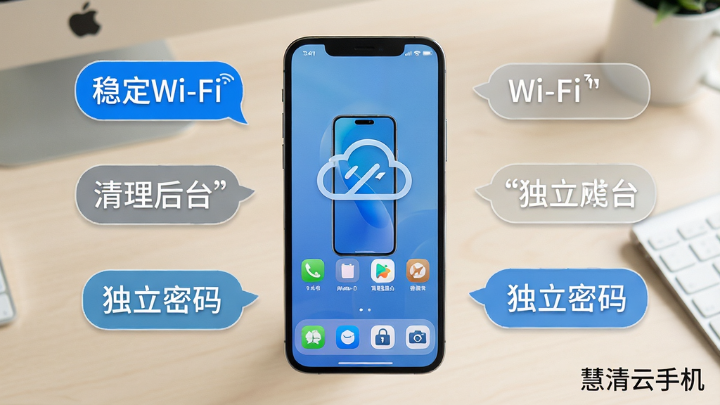 一部手机屏幕显示云端虚拟手机桌面,旁边有文字气泡标注“稳定Wi-Fi”“清理后台”“独立密码”等操作要点,背景为浅色办公桌面,风格实用教程感,构图手机居中,气泡环绕四周,细节清晰,画质高清,画面角落写有“慧清云手机”,无多余装饰元素