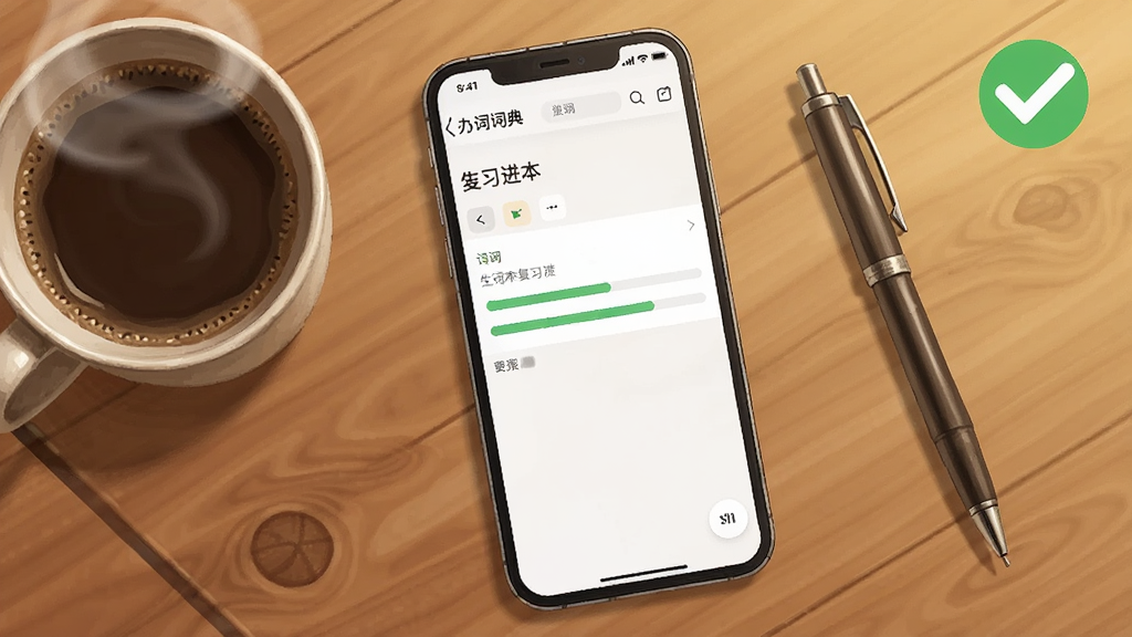一部手机放在木质桌面上,屏幕显示夯词词典的生词本复习进度页面,手机旁边放着一杯咖啡和一支笔,画面右上角有一个绿色的对勾图标表示设置完成,布局为俯视视角,风格为清新写实插画,色调温暖明亮,细节包括桌面纹理和杯口热气,画质干净清晰,无多余杂乱元素