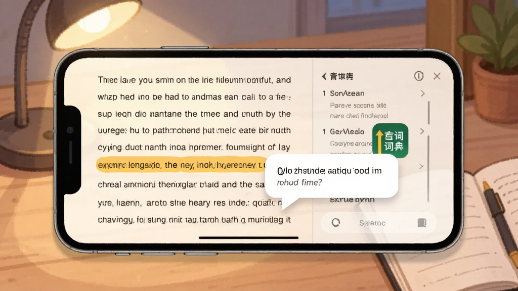 一部手机横屏展示英文阅读界面,文章中的某个单词被高亮选中并弹出释义气泡,气泡旁有夯词词典的图标标识,背景是柔和的书桌场景,有台灯和笔记本点缀,整体布局为左右分栏,左侧阅读区右侧释义区,风格为温暖的插画风,细节包括纸张纹理和柔和光影,画质细腻干净,画面中不出现多余文字元素
