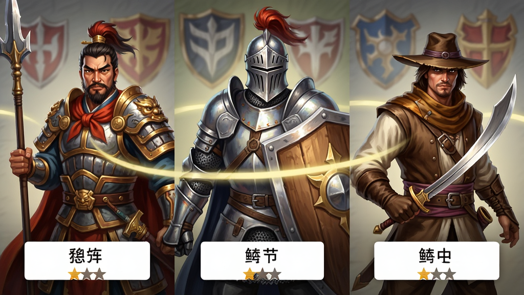 画面主体为三位风格迥异的将领半身像并排展示,左侧为手持长枪的东方武将、中间为执盾的西方骑士、右侧为弯刀游侠;布局采用横向等距排列,人物之间以淡金色光线连接表示羁绊;排版上每个人物下方留出空白区域用于标注名字与星级;风格为游戏角色原画,带有细腻的笔触质感;细节包括铠甲金属反光、披风褶皱走向、背景中隐约的阵营徽记;画质为高清渲染,色彩饱和度高但不过曝,画面干净无多余装饰
