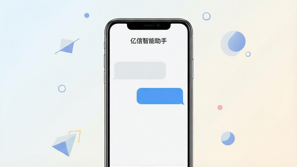 一张展示亿信智能助手手机端界面的场景图,画面中央是一部竖屏智能手机,屏幕内显示简洁的对话气泡界面,顶部有软件名称“亿信智能助手”字样,背景为浅色渐变,周围点缀少量抽象几何图形,整体风格清爽现代,细节清晰,画质干净,无多余元素