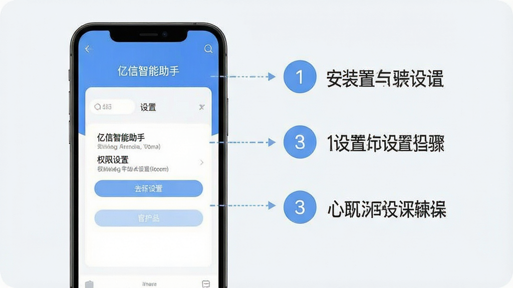 一张展示手机端软件安装与设置步骤的示意图,画面中手机屏幕呈现“亿信智能助手”的权限设置页面,旁边配有简洁的步骤序号标识,背景为浅色,风格清晰直观,画质干净,无多余装饰
