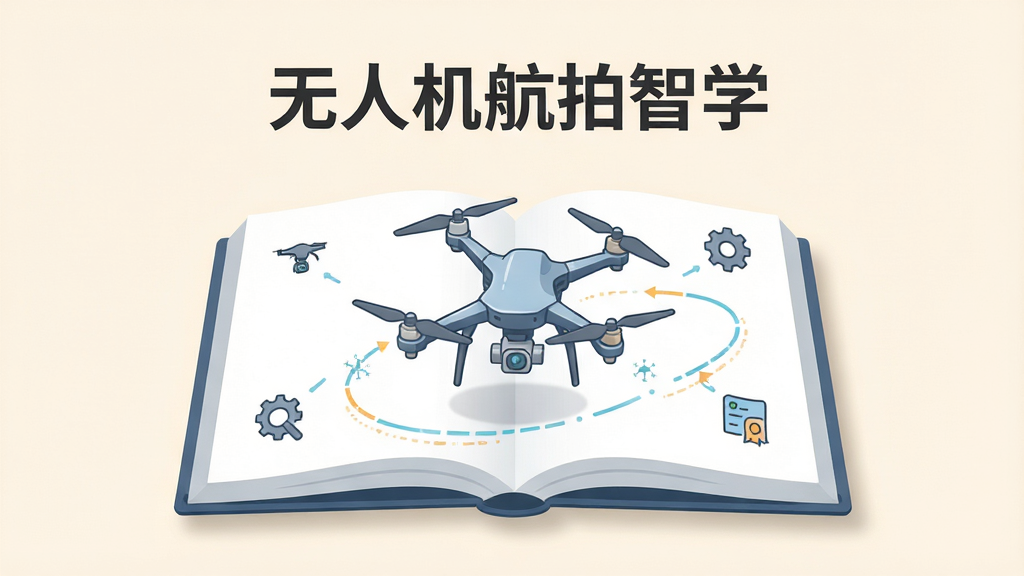 画面主体为一本展开的电子书,书页上浮现无人机结构图与飞行轨迹线,书页上方有“无人机航拍智学”标题文字,布局为居中对称,风格为简约教育插画,细节包括浅色背景、柔和阴影、图标化知识点,画质清晰干净,无多余元素