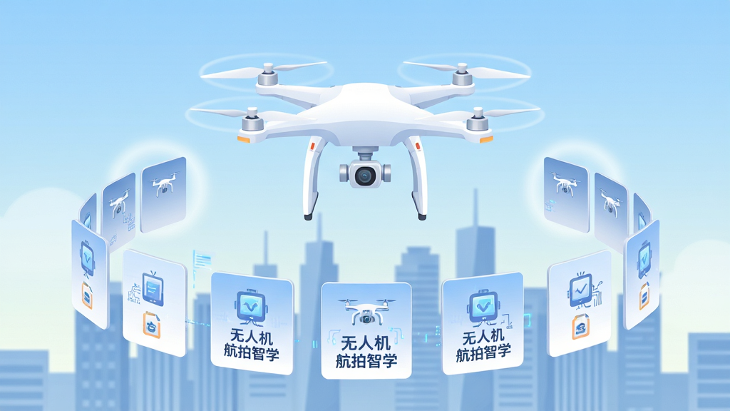 画面主体为一架白色四旋翼无人机悬停在城市天际线上方,下方是整齐的课程卡片悬浮排列,卡片上标注“无人机航拍智学”字样,布局采用中心构图,无人机位于画面上方三分之一处,课程卡片呈弧形环绕,风格为科技感扁平插画,细节包括淡蓝色渐变天空、柔和光晕、简洁图标,画质清晰干净,无多余元素