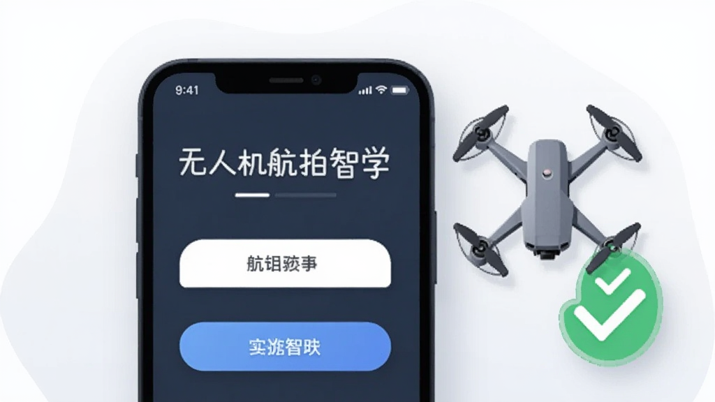 画面主体为一部智能手机屏幕显示“无人机航拍智学”应用界面,屏幕旁有一架小型无人机与一个绿色对勾图标,布局为左右结构,风格为扁平化科技插画,细节包括浅灰背景、柔和投影、简洁按钮元素,画质清晰干净,无多余元素
