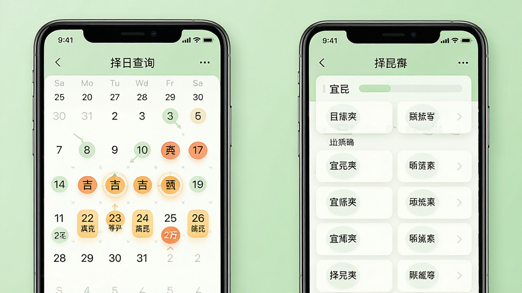 一张择日查询功能展示图,画面为手机屏幕显示日历与宜忌列表,日历上标注吉日高亮,背景为浅绿色清新色调,布局为上下分栏,风格为现代简约卡片式设计,细节展示日期数字与宜忌文字,画质高清,干净无多余元素