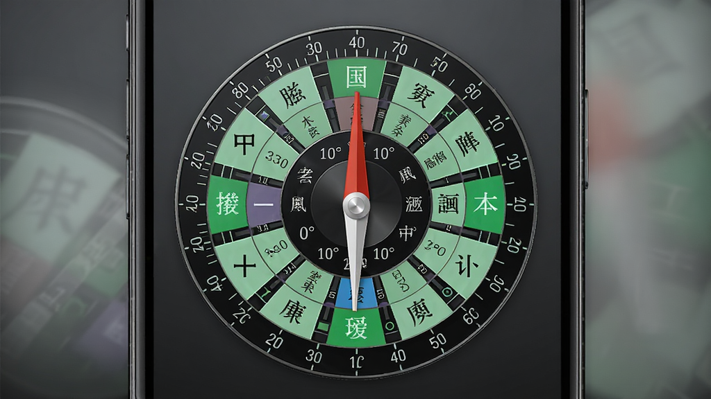 一张风水罗盘功能展示图,画面为手机屏幕内显示圆形电子罗盘,罗盘上标注二十四山向与度数刻度,背景为深灰色渐变,布局为居中圆形构图,风格为科技感与传统文化结合,细节展示指针与方位文字,画质高清,干净无多余元素