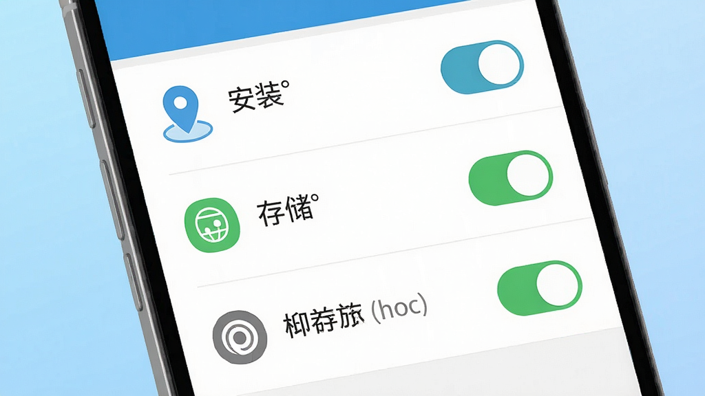一张手机应用安装与权限设置示意图,画面为手机屏幕显示权限管理界面,包含定位、存储、传感器权限开关,背景为浅蓝色渐变,布局为列表式排版,风格为现代扁平化设计,细节展示权限图标与开关状态,画质高清,干净无多余元素
