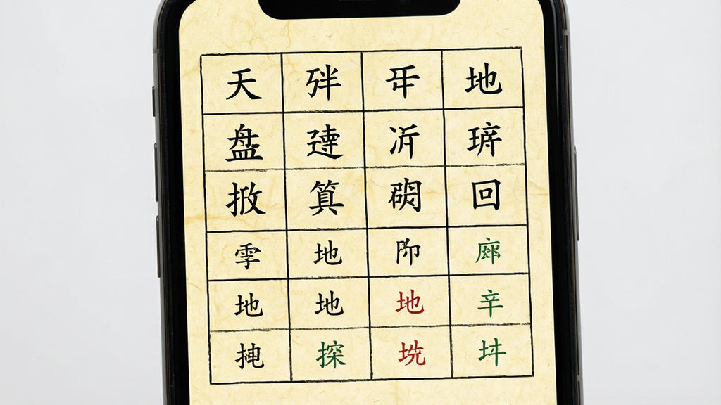 一张八字排盘功能展示图,画面为手机屏幕特写,屏幕中显示四柱八字表格与十神标注,表格线条清晰,背景为淡黄色宣纸质感,布局为上下结构,风格为传统中式简约风,细节展示天干地支文字与排盘数据,画质高清,干净无多余元素