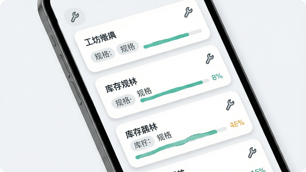 一个工坊应用材料管理页面特写,主体为手机屏幕内排列整齐的材料卡片列表,每张卡片显示材料名称、规格标签与库存进度条,布局为纵向单列滚动式,排版左对齐信息层级分明,风格为清爽浅色系界面设计,细节包含小尺寸工具图标与圆角卡片阴影,画质清晰,画面干净无多余元素