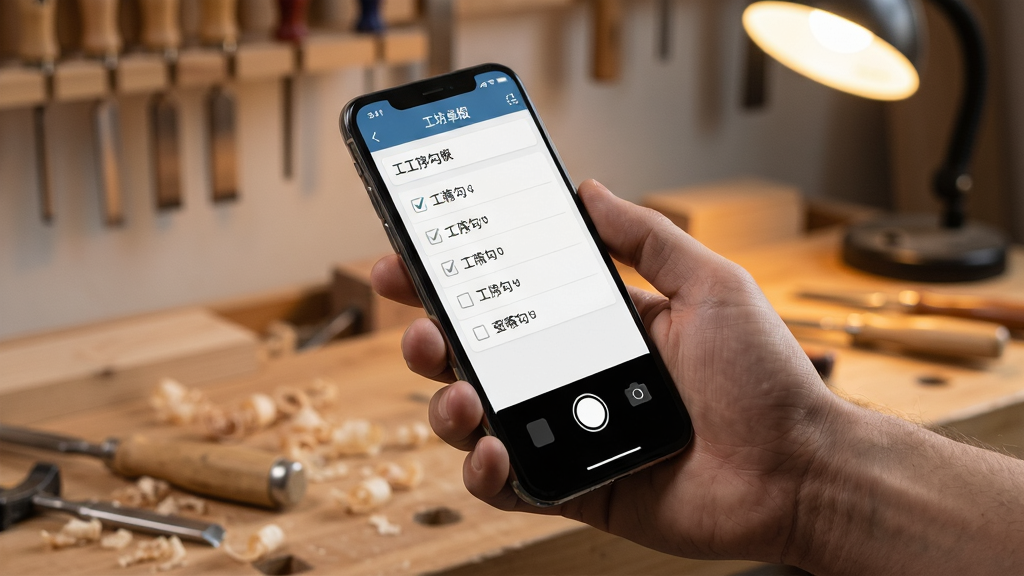 一个工坊安卓版使用场景示意图,主体为一只手握持手机在木工台上操作应用界面,屏幕内显示工序勾选列表与相机拍照按钮,布局为斜侧视角突出手机屏幕,排版以手机为视觉中心背景虚化,风格为生活化实拍感,细节包含木屑、工具与暖色灯光,画质清晰,画面干净无多余元素