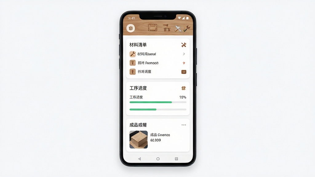 一个工坊手机应用主界面展示,主体为一部竖屏安卓手机,屏幕内呈现卡片式工坊项目管理界面,包含材料清单、工序进度条、成品缩略图三个模块,布局居中对称,排版干净留白充足,风格为现代扁平化UI设计,细节处有木质纹理点缀与工具图标,画质清晰锐利,画面干净无多余元素