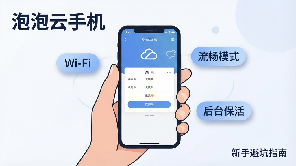 画面主体为一名用户手持手机,手机屏幕显示泡泡云手机的连接设置页面,旁边漂浮着“Wi-Fi”“流畅模式”“后台保活”三个圆角标签;布局为人物手部特写居中,标签环绕手机;排版在画面左上角用深蓝色字体写“泡泡云手机”,右下角小字写“新手避坑指南”;风格为现代扁平插画,细节包括手部的简洁线条、标签的柔和阴影、屏幕界面的清晰层次;画质高清,干净,无多余元素