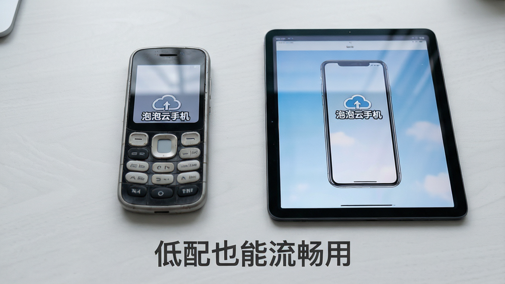 画面主体为一台旧款直板手机与一台平板电脑并排摆放,两台设备屏幕中都显示同一台云端虚拟手机的画面,画面里有“泡泡云手机”字样;布局为左右对称构图,设备置于浅灰色桌面;排版在画面底部居中用深灰色字体写“低配也能流畅用”;风格为简约产品展示风,细节包括设备边框的磨砂质感、屏幕画面的清晰反光、桌面的浅淡纹理;画质高清,干净,无多余元素