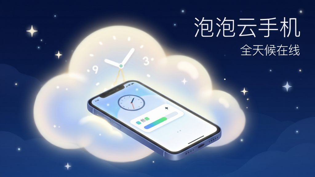 画面主体为一只发光的云朵托着一台亮屏的虚拟手机,手机屏幕显示时钟与运行中的任务进度条;布局为上下结构,云朵在上手机在下,背景是深蓝色夜空点缀星点;排版在右上角用白色细体字写“泡泡云手机”,下方小字写“全天候在线”;风格为柔和发光质感插画,细节包括云朵的蓬松光晕、手机屏幕的微光、星点的闪烁感;画质高清,干净,无多余元素