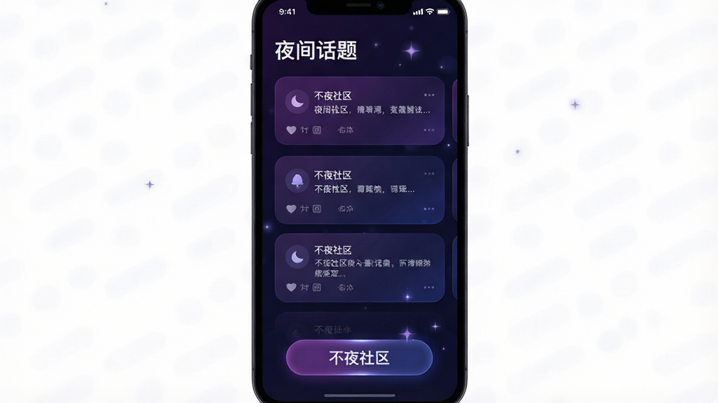 深色背景的手机界面展示不夜社区话题板块,页面顶部有“夜间话题”标题,中部为卡片式讨论列表,底部有发光按钮,布局为上下结构,风格为暗色科技风插画,细节包含深紫与深蓝配色、微弱星光粒子、圆角卡片阴影,画质清晰干净,图片中文字为“不夜社区”