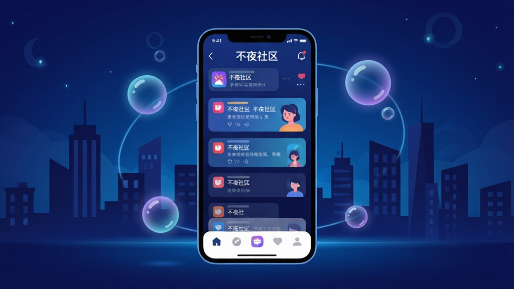 画面中央放置一部智能手机,手机屏幕显示不夜社区应用主界面,界面包含动态信息流与底部导航栏,手机周围环绕夜间城市剪影与发光气泡元素,整体布局采用居中对称构图,风格为扁平化现代插画,细节包含深蓝渐变背景、霓虹光效点缀、圆角图标设计,画质清晰干净,无多余元素,图片中文字为“不夜社区”