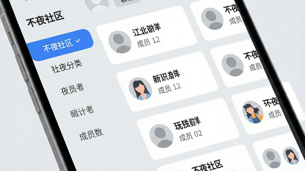 手机屏幕展示不夜社区群组列表页面,左侧为群组分类标签,右侧为群组卡片排列,每张卡片包含群组名称与成员数,布局为左右分栏结构,风格为简约扁平插画,细节包含浅灰底色、蓝色高亮标签、圆形头像占位,画质清晰干净,图片中文字为“不夜社区”