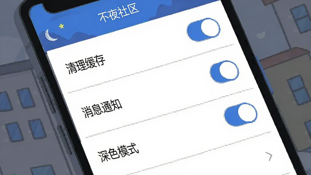 手机屏幕显示不夜社区设置页面,包含“清理缓存”“消息通知”“深色模式”等选项列表,布局为纵向列表结构,风格为扁平化UI插画,细节包含白色背景、灰色分割线、蓝色开关按钮,画质清晰干净,图片中文字为“不夜社区”