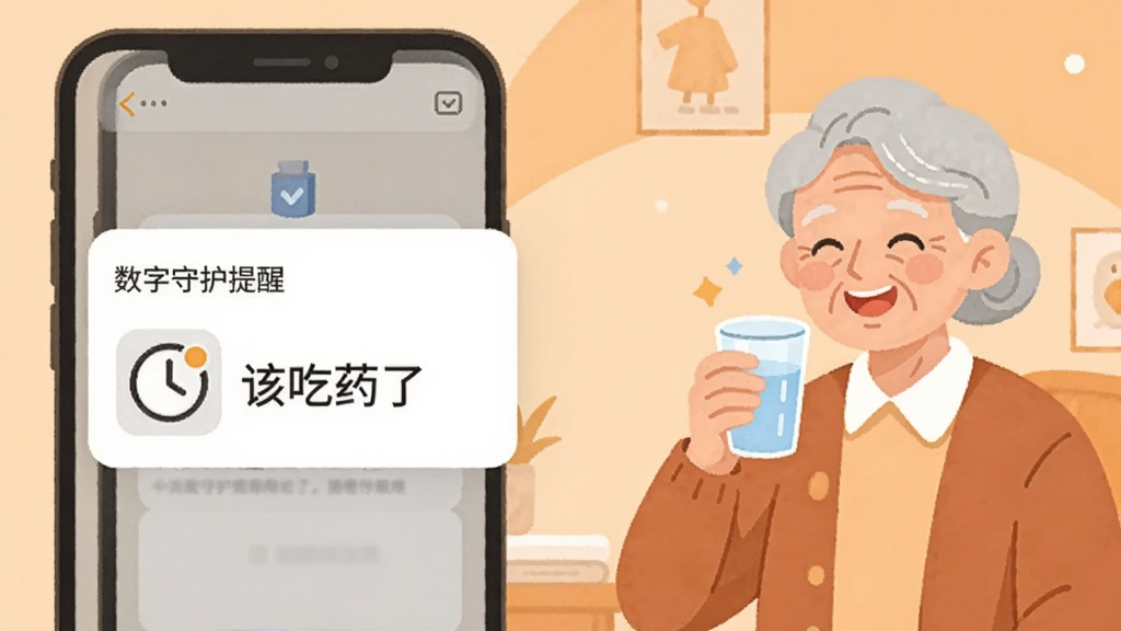 �廭���ͼƬ�����������һ���ֻ�����Ļ�ϵ����������ػ�������֪ͨ��Ƭ����Ƭ����ʱ��ͼ���롰�ó�ҩ�ˡ��������Ҳ���һλ����΢Ц������ˮ���ĳ���������Ϊ��ů��ǳ��ɫ���������ҷֲ��������ܰ��ƽ��ϸ�ڼ�࣬����������������Ԫ��
