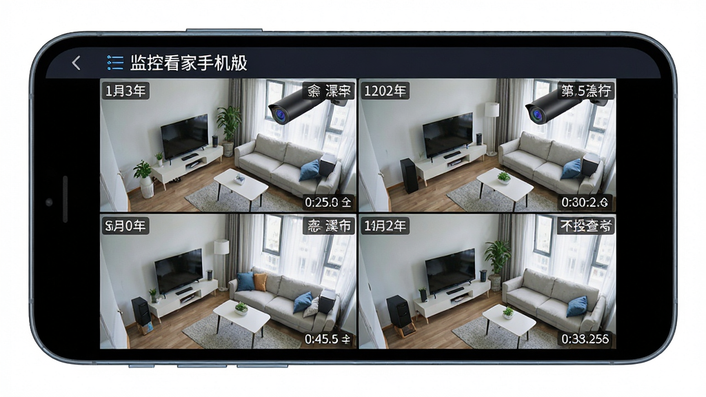 监控看家手机版实时画面查看功能展示,画面主体为手机横屏显示四宫格监控画面,布局为上方标题栏下方四画面均分,排版整齐对称,风格为清爽科技风,细节包含每路画面角落的摄像头编号、清晰度标识与时间水印,画质高清干净无多余元素