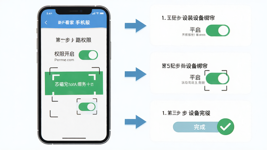 监控看家手机版新手安装设置流程示意图,画面主体为手机屏幕分步展示权限开启与设备绑定界面,布局为纵向步骤排列带箭头引导,排版清晰有序,风格为扁平化教程风,细节包含权限开关图标、二维码扫描框与完成打勾标识,画质干净整洁无多余元素
