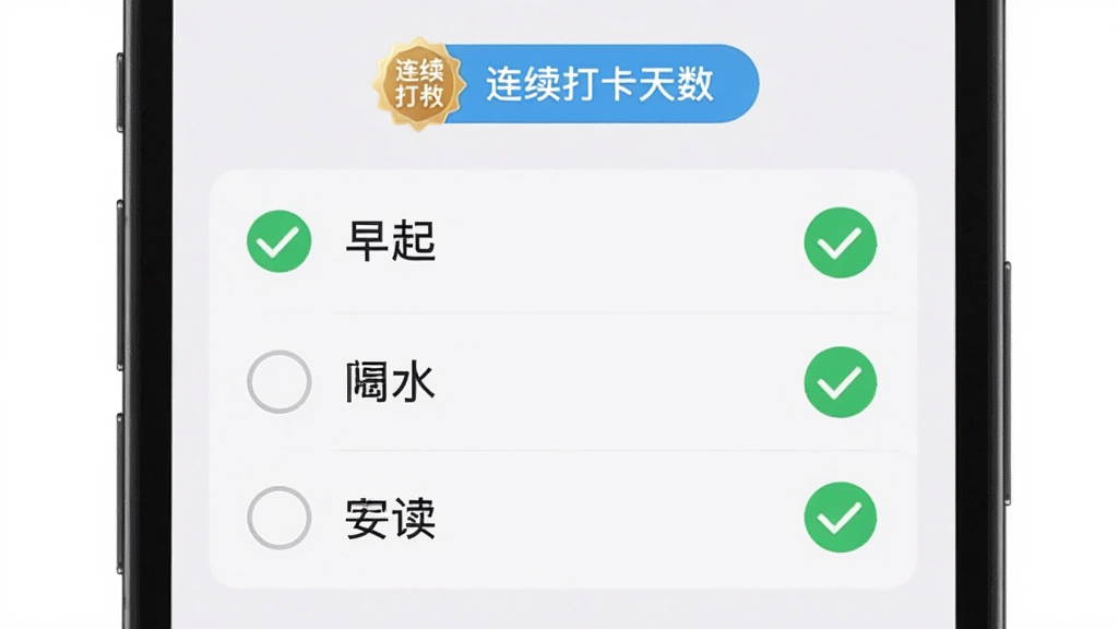 手机屏幕展示BetterUs习惯打卡页面,列表中排列着早起、喝水、阅读等习惯项目,每项前方有圆形勾选按钮,部分已完成项显示绿色对勾,顶部有连续打卡天数徽章,界面布局整洁,风格简约明亮,画质细腻干净