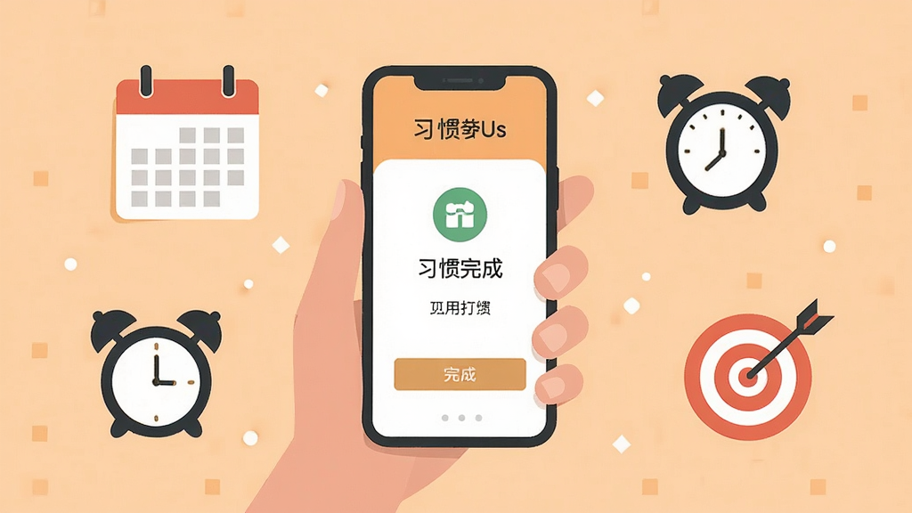 BetterUs使用场景插画,一只手拿着手机屏幕显示习惯打卡完成界面,周围有日历、闹钟、目标靶心等简约图标环绕,背景为温暖浅橙色,风格扁平化插画,画质清晰干净,无多余文字元素