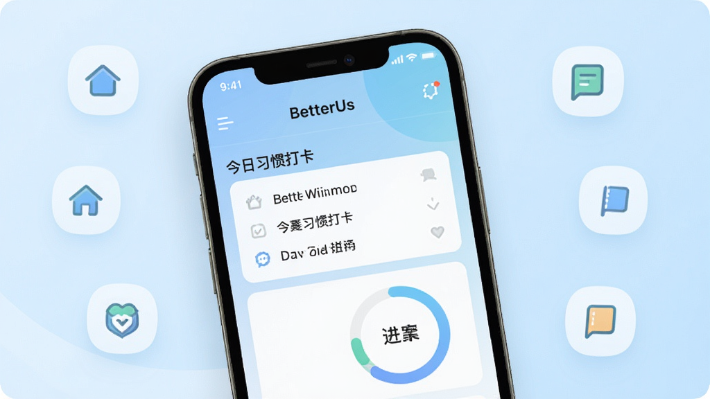 软件主界面展示,手机屏幕中央呈现BetterUs应用首页,包含今日习惯打卡列表与进度圆环,背景为柔和浅蓝色渐变,周围点缀简约图标元素,整体风格清新现代,画质清晰干净,无多余装饰