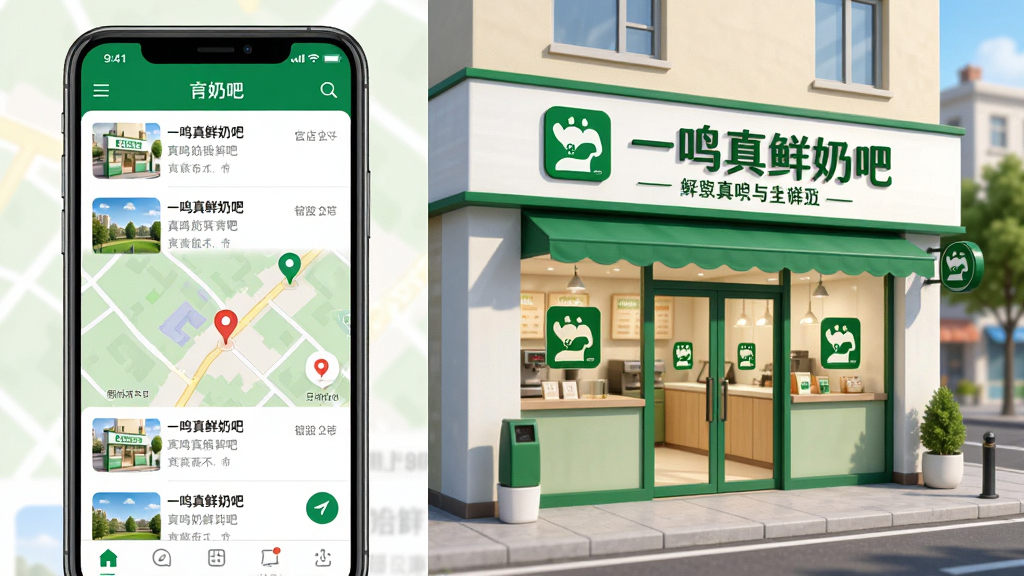 主体为手机地图界面与奶吧门店外观组合,布局为左右分栏,左侧手机展示门店列表与地图标记,右侧为明亮整洁的一鸣真鲜奶吧门店门头,排版清晰,风格为写实商业插画,细节包含绿色品牌元素与街道背景,画质高清,干净,无多余元素