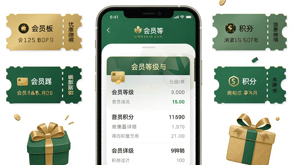 主体为会员卡与积分界面组合,布局为居中对称,手机屏幕显示会员等级与积分明细,周围点缀优惠券与礼品盒,排版整齐,风格为简约商务插画,细节包含金色与绿色搭配的品牌色调,画质高清,干净,无多余元素