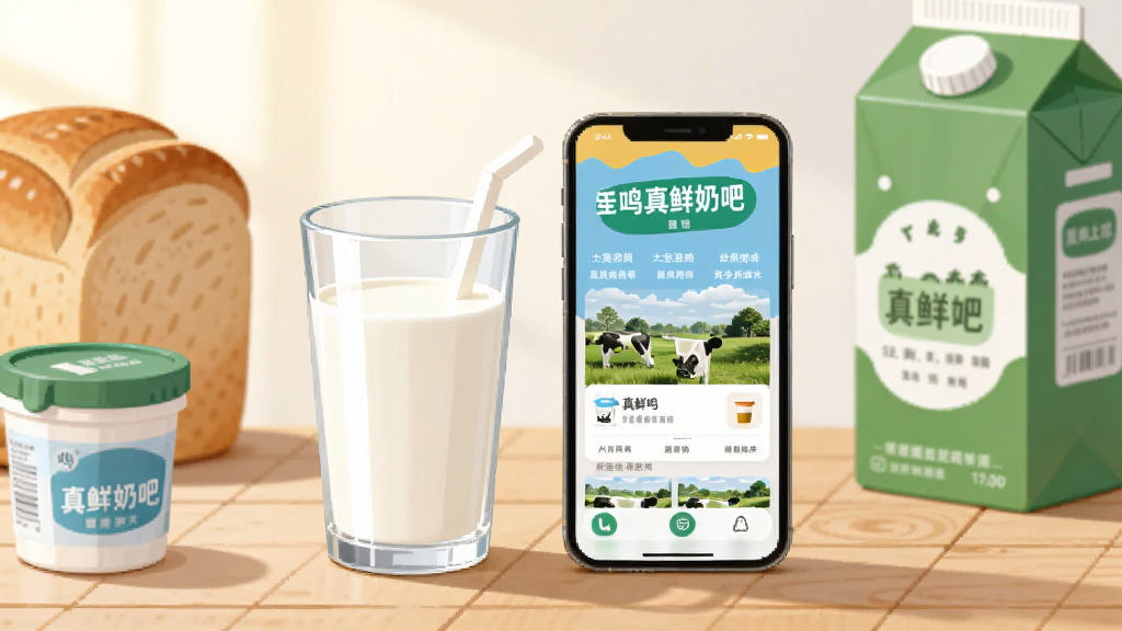 主体为一杯新鲜牛奶与一台智能手机并排摆放,布局为居中构图,手机屏幕显示一鸣真鲜奶吧应用首页界面,周围环绕面包、酸奶瓶与绿色奶盒,排版清爽有序,风格为现代扁平插画,细节包含柔和晨光与浅色木质桌面,画质高清,干净,无多余元素