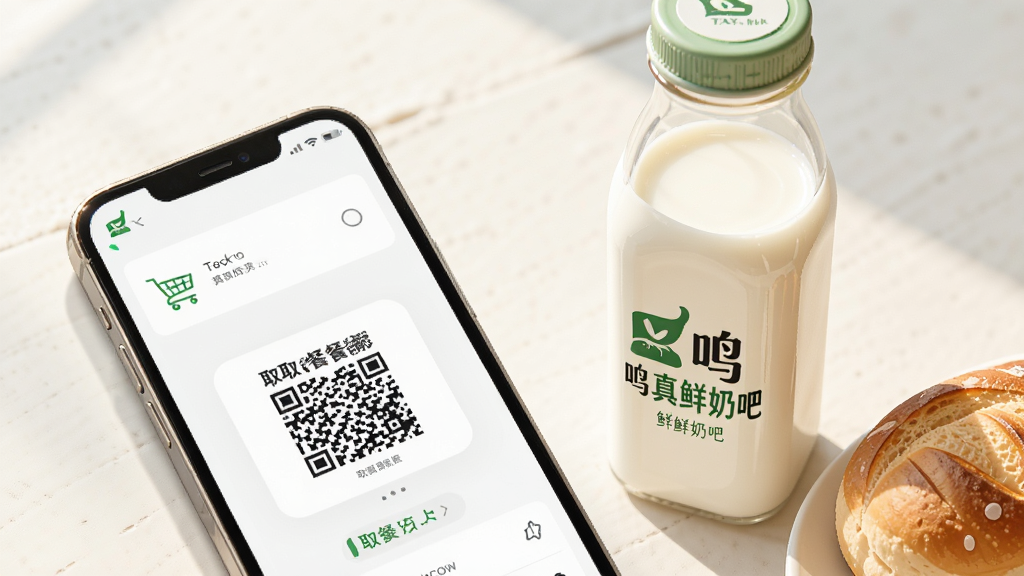 主体为手机点单界面与一杯鲜奶特写,布局为对角线构图,手机屏幕显示购物车与取餐码,旁边放置一鸣真鲜奶吧的鲜奶瓶与面包,排版简洁,风格为清新生活摄影风插画,细节包含柔和自然光与浅色背景,画质高清,干净,无多余元素