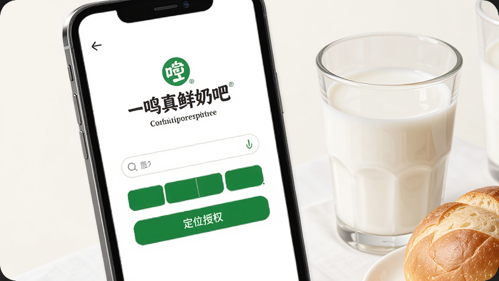 主体为手机屏幕显示一鸣真鲜奶吧登录与定位授权界面,布局为居中特写,旁边放置一杯鲜奶与面包,排版简洁,风格为写实数码产品插画,细节包含绿色品牌按钮与浅色背景,画质高清,干净,无多余元素