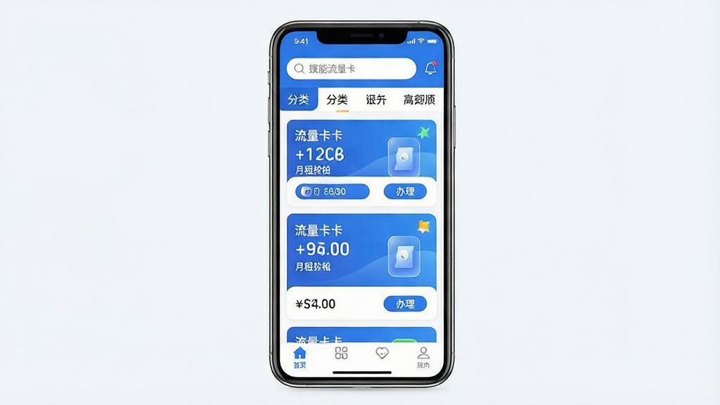 一张手机应用界面展示图,画面中央是一部竖屏智能手机,屏幕上显示万能流量卡平台的首页界面,顶部有搜索栏和分类标签,中部是流量卡套餐卡片列表,每张卡片包含流量数额、月租价格和办理按钮,底部为导航栏,整体采用蓝白配色,风格简洁清爽,布局规整,细节清晰,画质干净,无多余元素