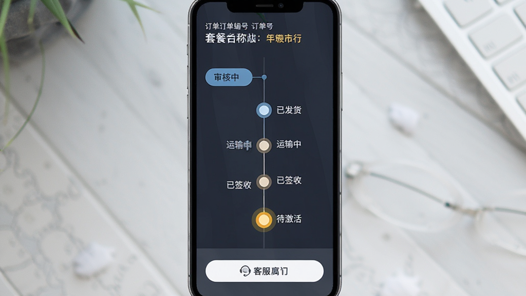 一张订单状态追踪页面的展示图,画面为手机屏幕内的时间轴式订单进度界面,包含审核中、已发货、运输中、已签收、待激活等节点,当前节点高亮显示,页面顶部有订单编号和套餐名称,底部有客服入口按钮,风格简洁商务,配色沉稳,布局清晰,画质干净