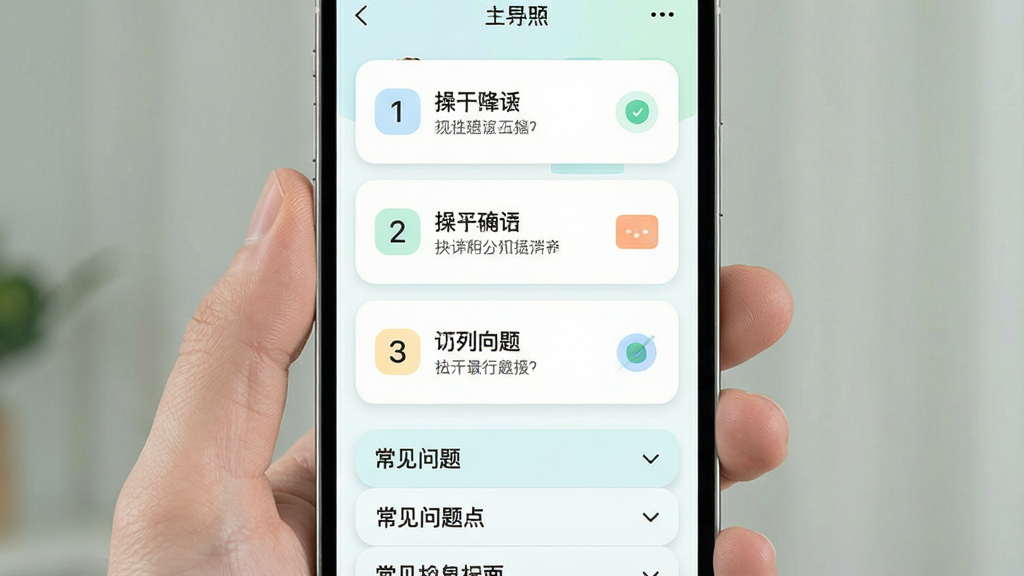 一张激活引导界面的示意图,画面为手机屏幕内显示分步骤操作指引,步骤编号清晰,每步配有简短文字说明和小图标,页面下方有常见问题折叠列表,整体风格清新浅色,圆角卡片设计,布局整齐,细节干净,画质清晰,无多余元素