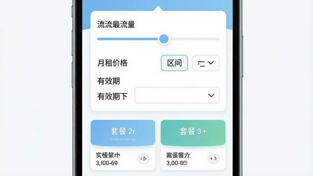 一张信息筛选界面的示意图,画面主体为手机屏幕内的筛选面板,包含流量大小滑块、月租价格区间选择、有效期下拉菜单等控件,面板下方是实时更新的套餐卡片列表,整体风格为扁平化设计,配色以浅蓝和白色为主,布局清晰,细节干净,画质清晰,无多余装饰元素